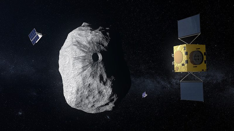 小惑星ディディモスの近くを飛ぶヘラと、2機の小型探査機ミラニ・ユベンタスのイメージ図。