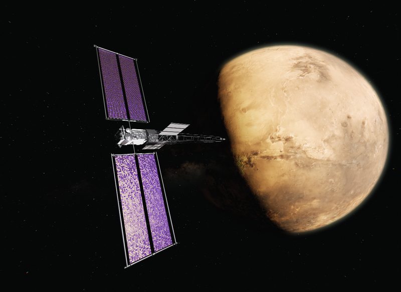 火星を背に飛行する Space Reactor-1 Freedom の想像図（2026年公開）。