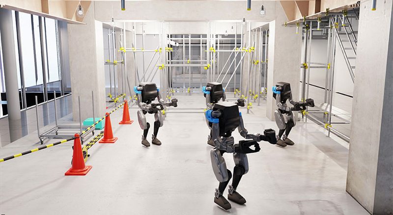 足場が組まれた建設現場の屋内をヒューマノイドロボットが歩くイメージ図。